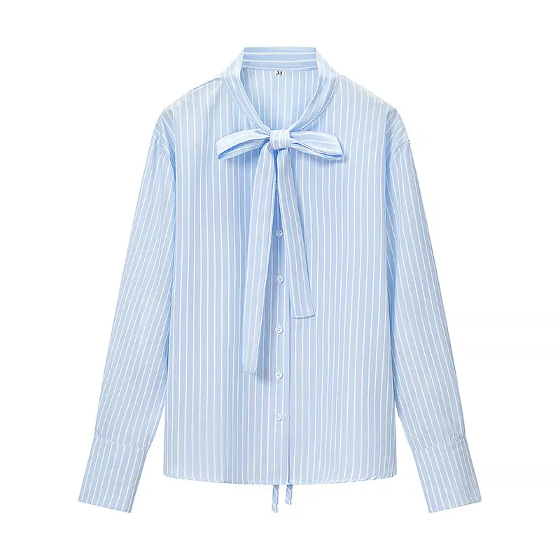 Damen Gestreifte Bluse mit Schleifenkragen und durchgehender Knopfleiste Drune