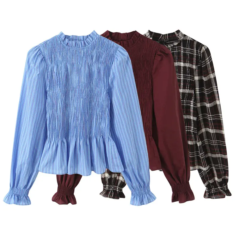 Damen Gestreifte Bluse mit Smok-Front, Stehkragen und Volant-Saum Drune