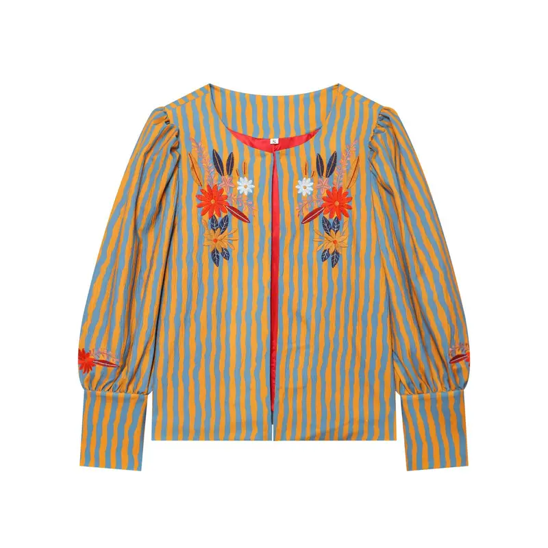 Damen Gestreifte Blusenjacke mit Blumenstickerei und Ballonärmeln Drune