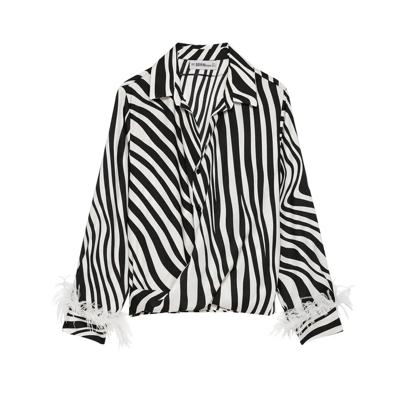 Damen Gestreifte Cropped-Bluse im Hemdstyle mit Federbesatz Drune