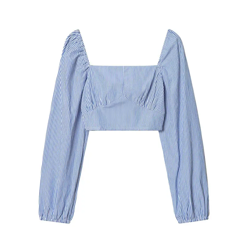 Damen Gestreifte Cropped‑Bluse mit quadratischem Ausschnitt und weiten Ballonärmeln Drune