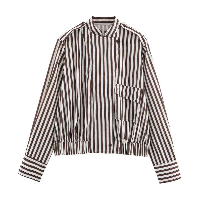Damen Gestreifte Cropped‑Hemdblusen‑Jacke mit Stehkragen, asymmetrischer Klappentasche und elastischem Saum Drune