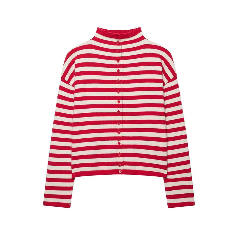 Damen Gestreifte Cropped-Strickjacke mit Stehkragen und durchgehender Knopfleiste Drune