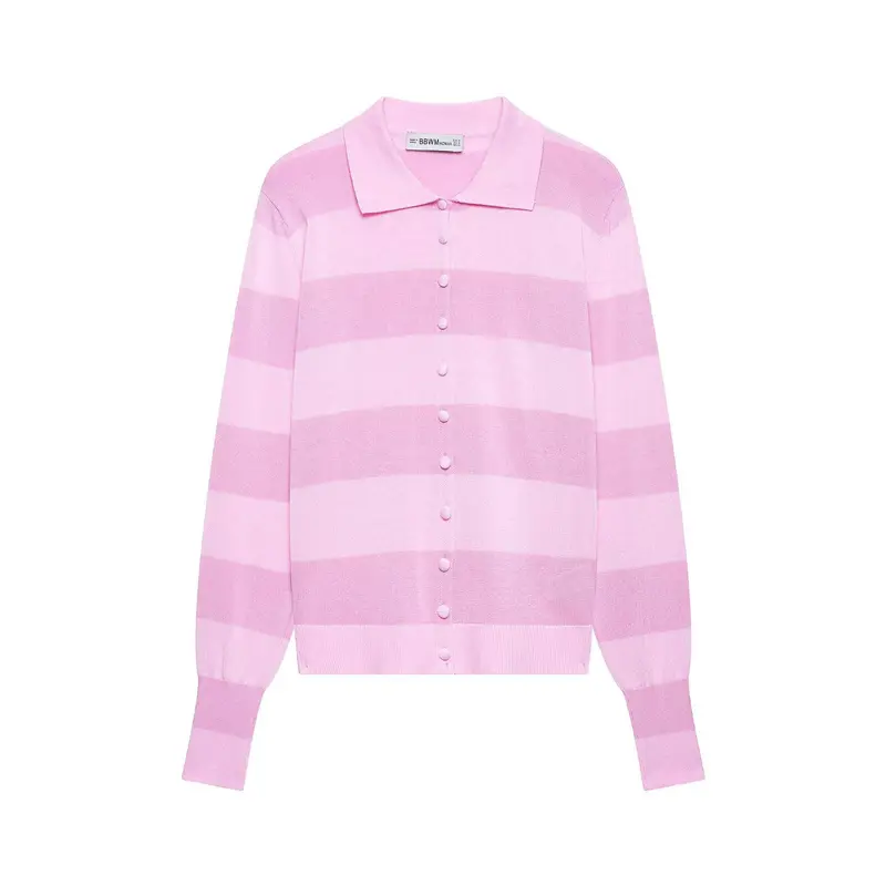 Damen Gestreifte Feinstrick-Cardigan mit Polokragen und bezogenen Knöpfen Drune