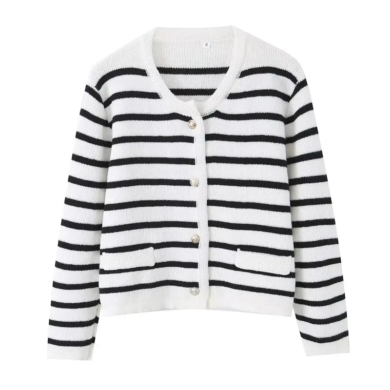 Damen Gestreifte Feinstrick‑Cardigan mit Rundhalsausschnitt, aufgesetzten Taschen und Zierknöpfen Drune