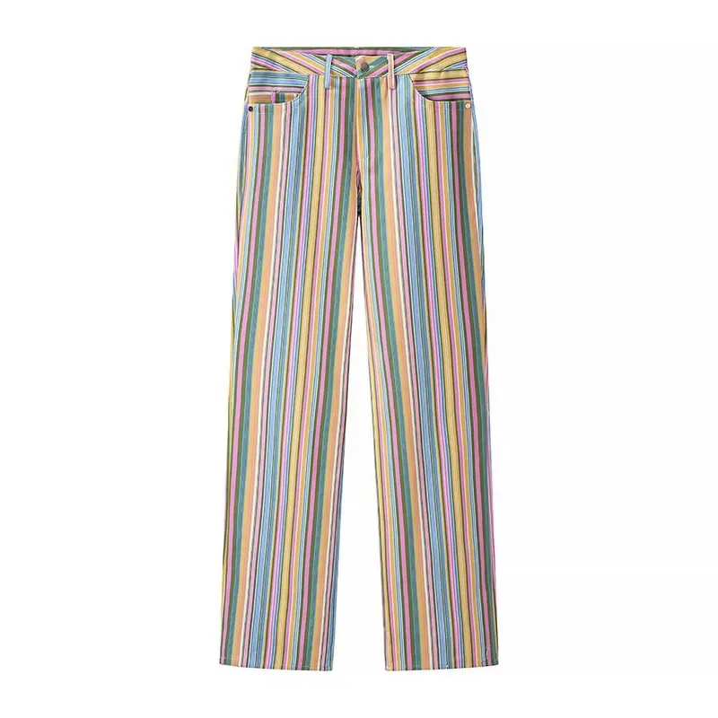 Damen Gestreifte Highwaist-Straighthose mit geradem Bein, hoher Taille und Five-Pocket-Details Drune