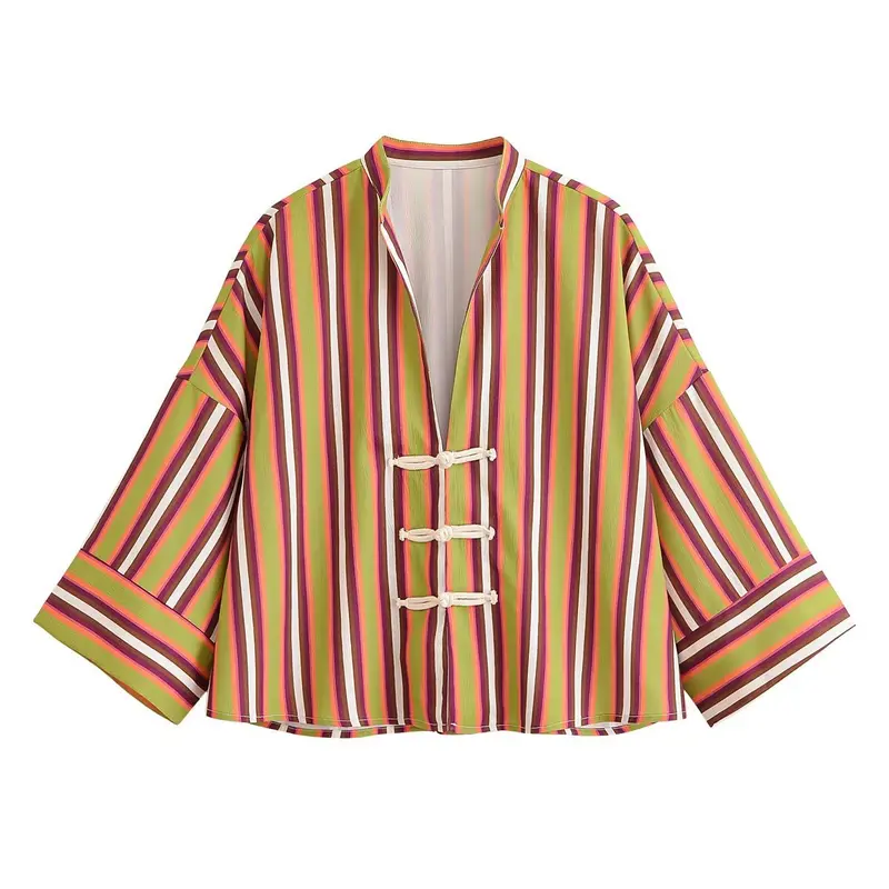 Damen Gestreifte Kimono‑Jacke mit kurzen Trompetenärmeln und dekorativen Knotenverschlüssen Drune