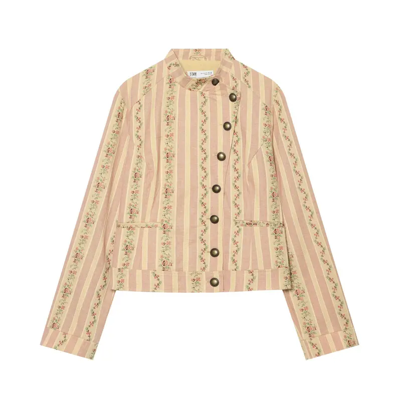 Damen Gestreifte Kurzjacke im Vintage-Look mit Stehkragen und asymmetrischer Knopfleiste Drune