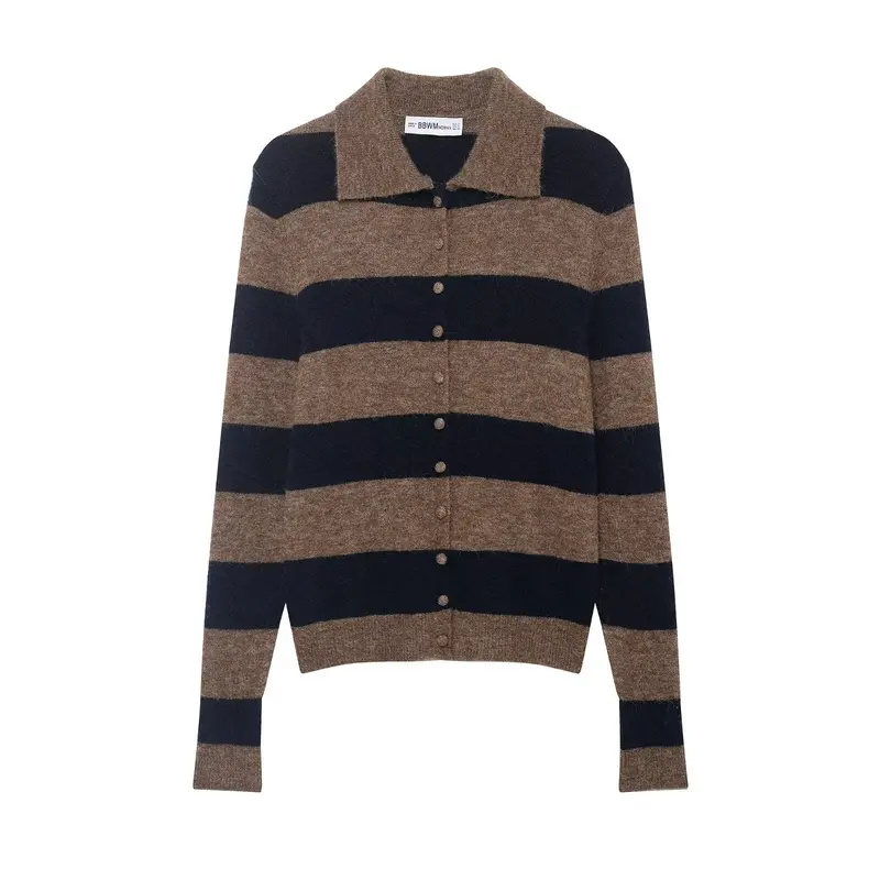 Damen gestreifte kuschelige Strickjacke mit Hemdkragen und durchgehender Knopfleiste Drune