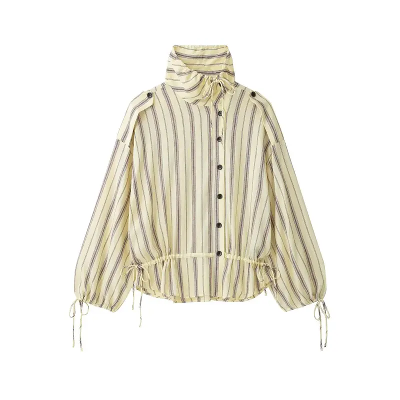 Damen Gestreifte Leichte Blousonjacke mit Standkragen und Tunnelzug Drune