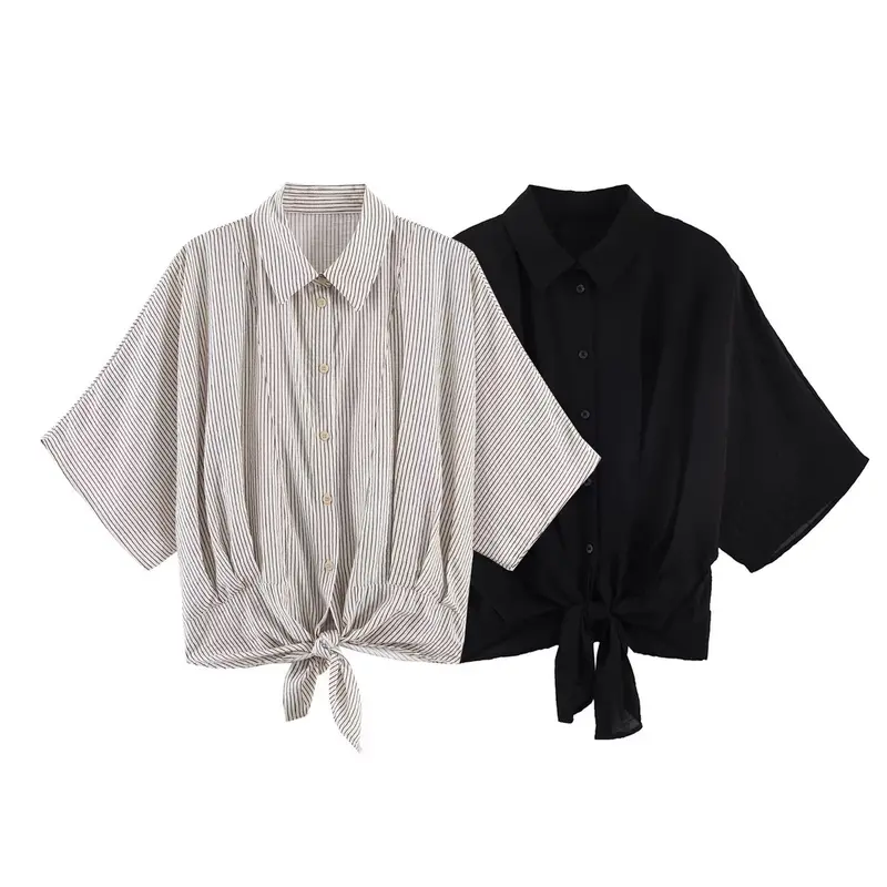 Damen Gestreifte Oversize-Bluse mit Kimonoärmeln und Knotenfront Drune
