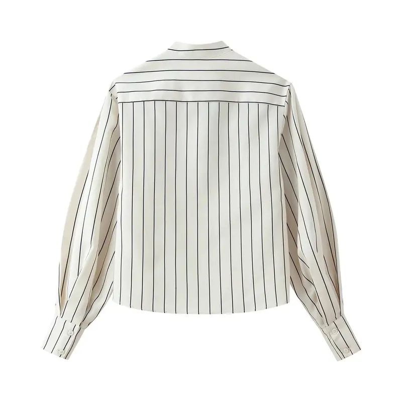 Damen Gestreifte Standkragen‑Bluse mit verdeckter Knopfleiste und Ballonärmeln Drune