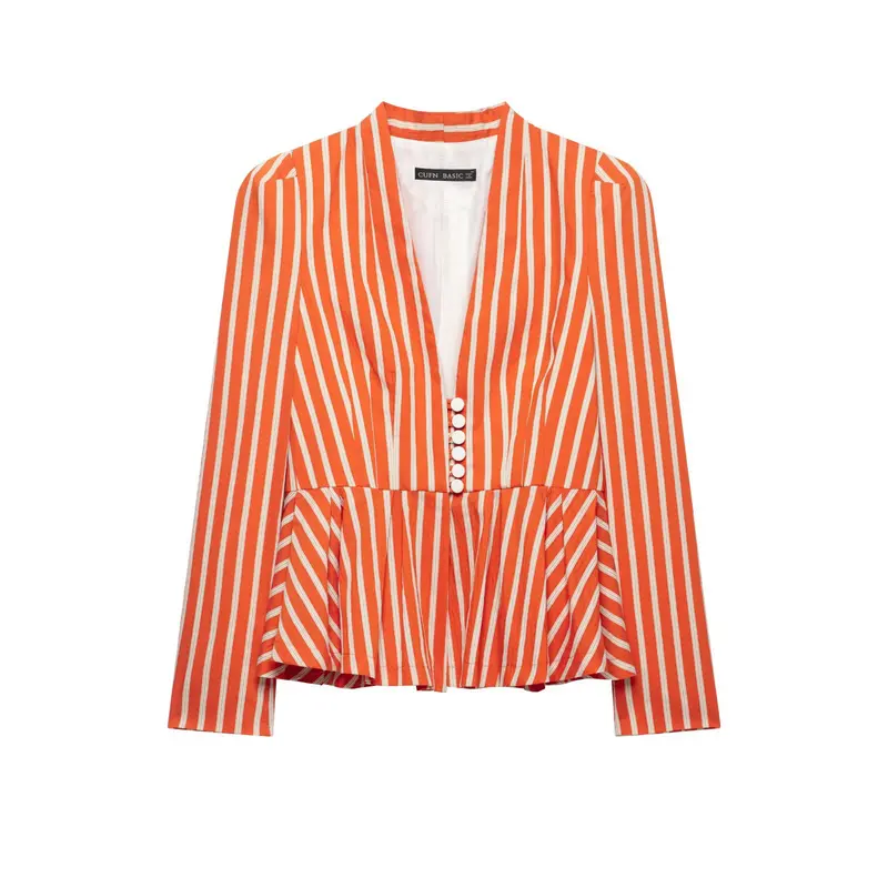 Damen Gestreifte taillierte Peplum‑Jacke mit V‑Ausschnitt und Zierknöpfen Drune