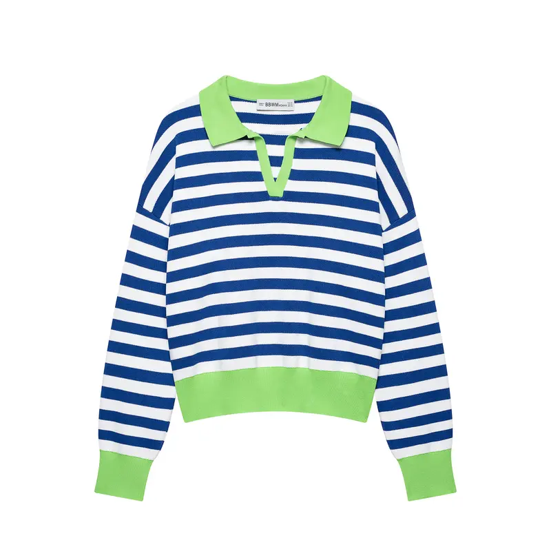 Damen Gestreifter Cropped‑Polo‑Pullover aus Feinstrick mit Ballonärmeln Drune