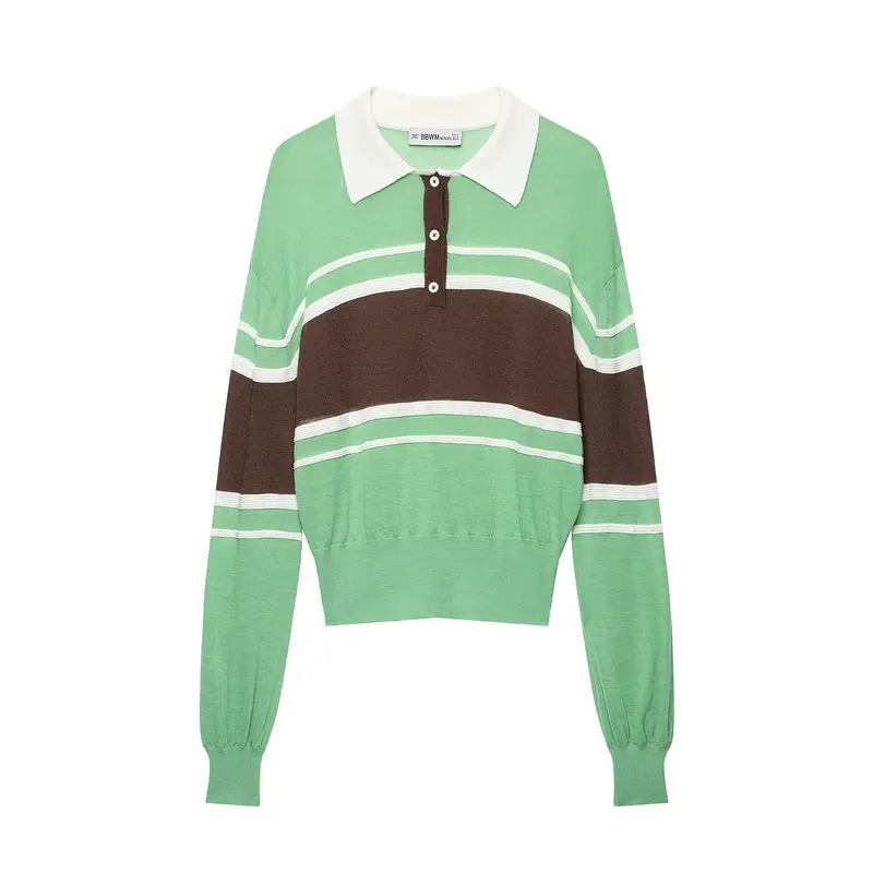 Damen Gestreifter Cropped‑Polo‑Pullover mit Knopfleiste und Rippbündchen Drune