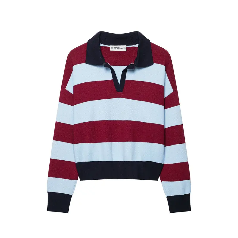Damen Gestreifter Cropped Rugby‑Pullover mit Polokragen Drune