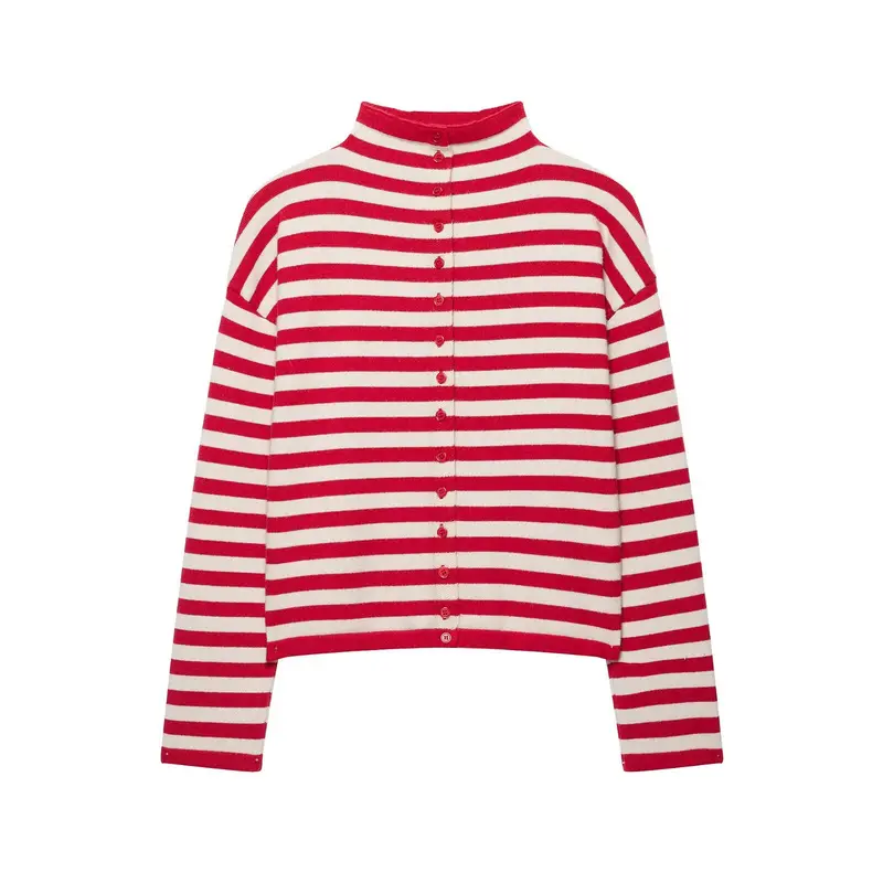 Damen Gestreifter Cropped-Strickcardigan mit Knopfleiste und Stehkragen Drune