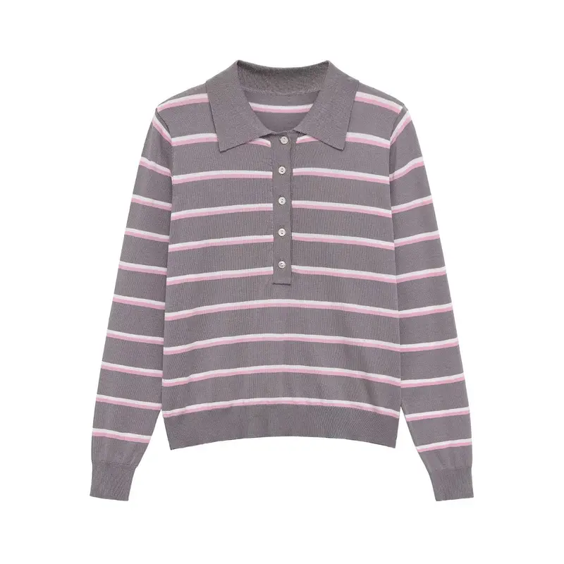 Damen Gestreifter Feinstrick-Polo-Pullover mit Knopfleiste und Rippbündchen Drune