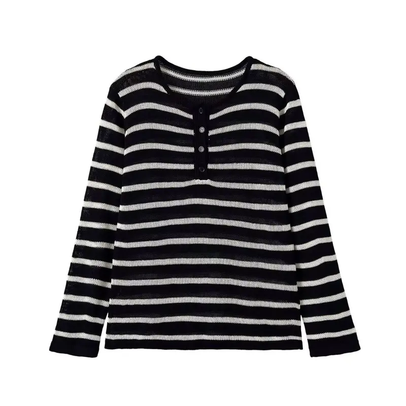 Damen Gestreifter Feinstrick-Pullover mit Knopfleiste und Rundhalsausschnitt Drune