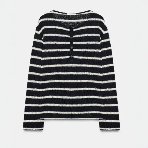 Damen Gestreifter Feinstrickpullover mit Rückknöpfung und U‑Boot‑Ausschnitt Drune