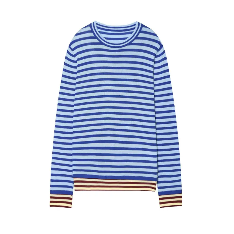 Damen Gestreifter Feinstrickpullover mit Rundhalsausschnitt und kontrastierenden Bündchen Drune