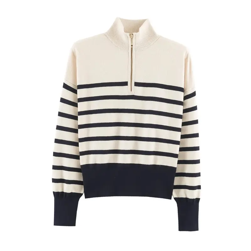 Damen Gestreifter Halbzip-Pullover mit Stehkragen und weitem Saum Drune