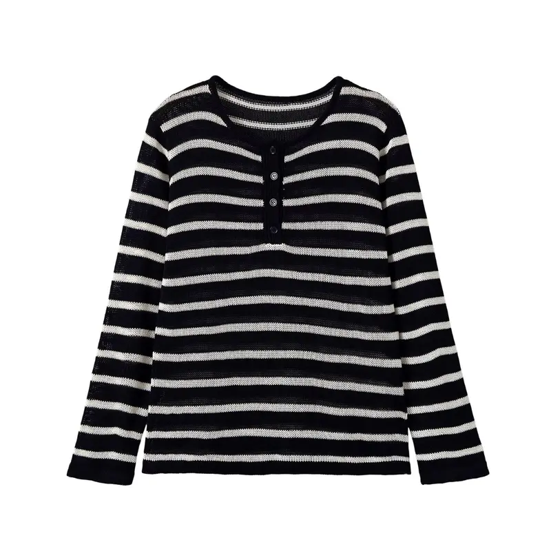 Damen Gestreifter Leichter Feinstrick‑Henley mit Knopfleiste Drune