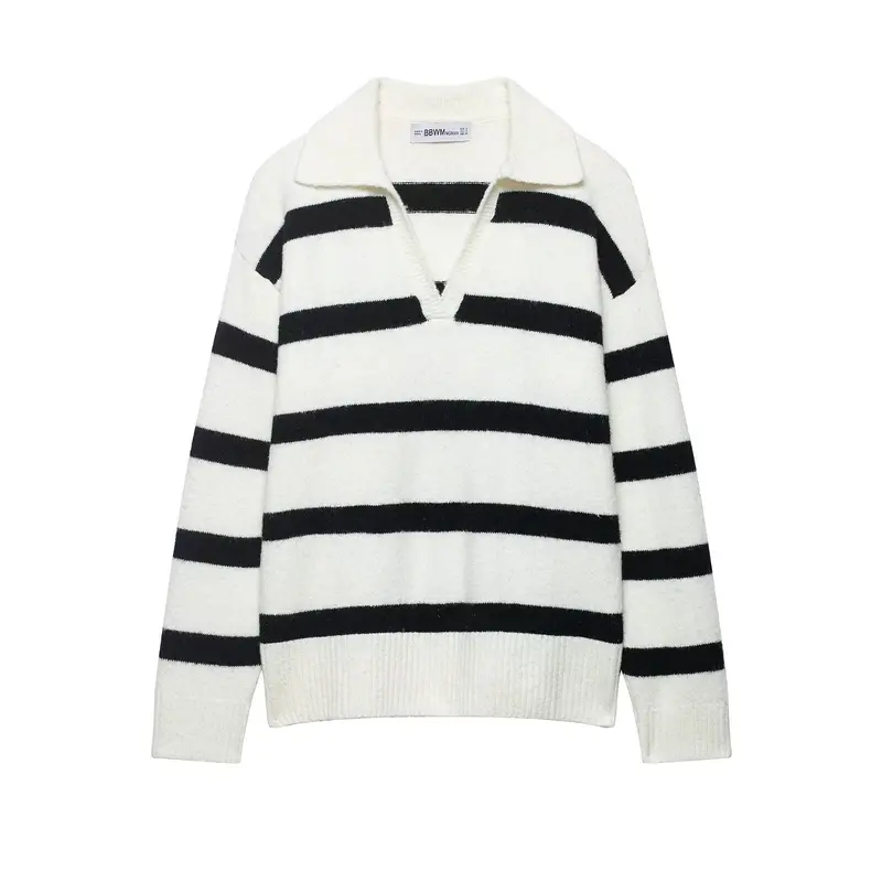 Damen Gestreifter Oversize-Pullover mit Polokragen und tiefem V-Ausschnitt Drune