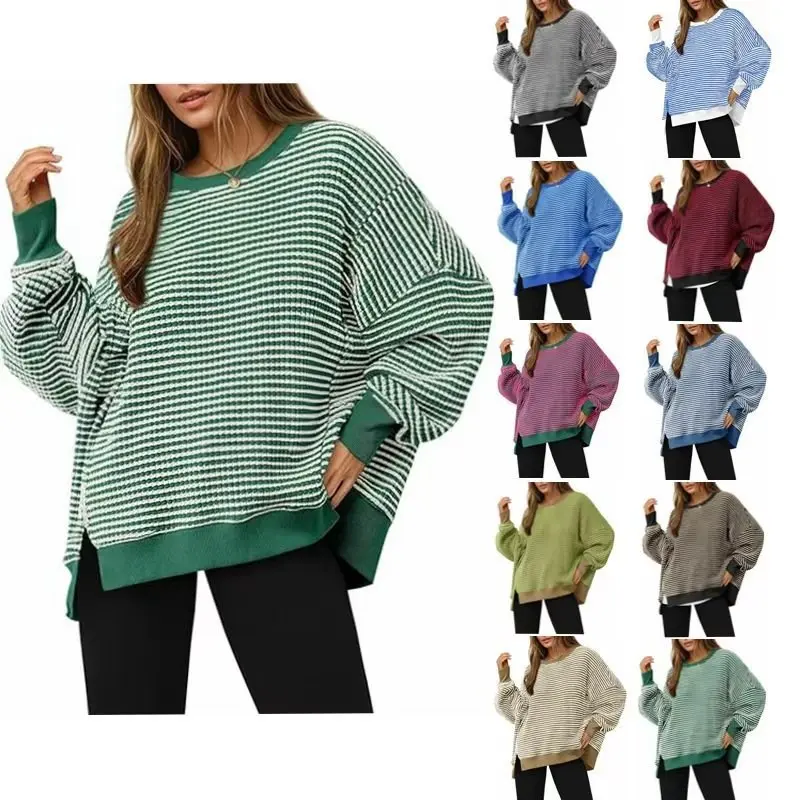 Damen Gestreifter Oversize-Sweater mit Rundhalsausschnitt und Seitenschlitzen Drune