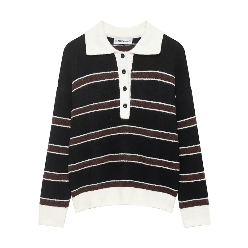 Damen Gestreifter Polokragen-Pullover aus weichem Strukturstrick mit Knopfleiste Drune