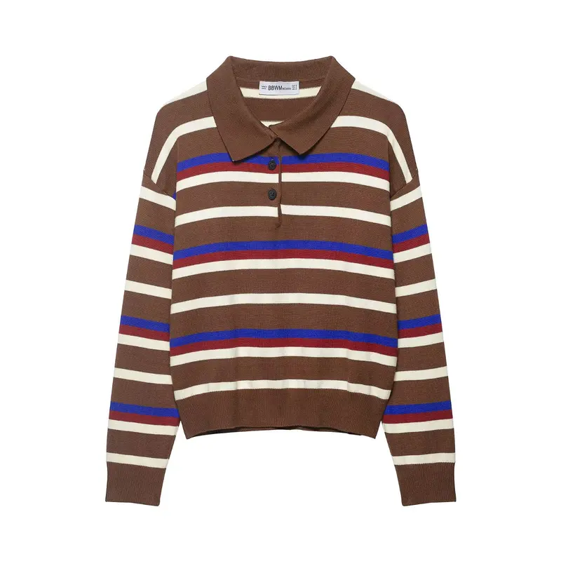 Damen Gestreifter Polokragen-Strickpullover im Boxy-Cropped-Schnitt Drune