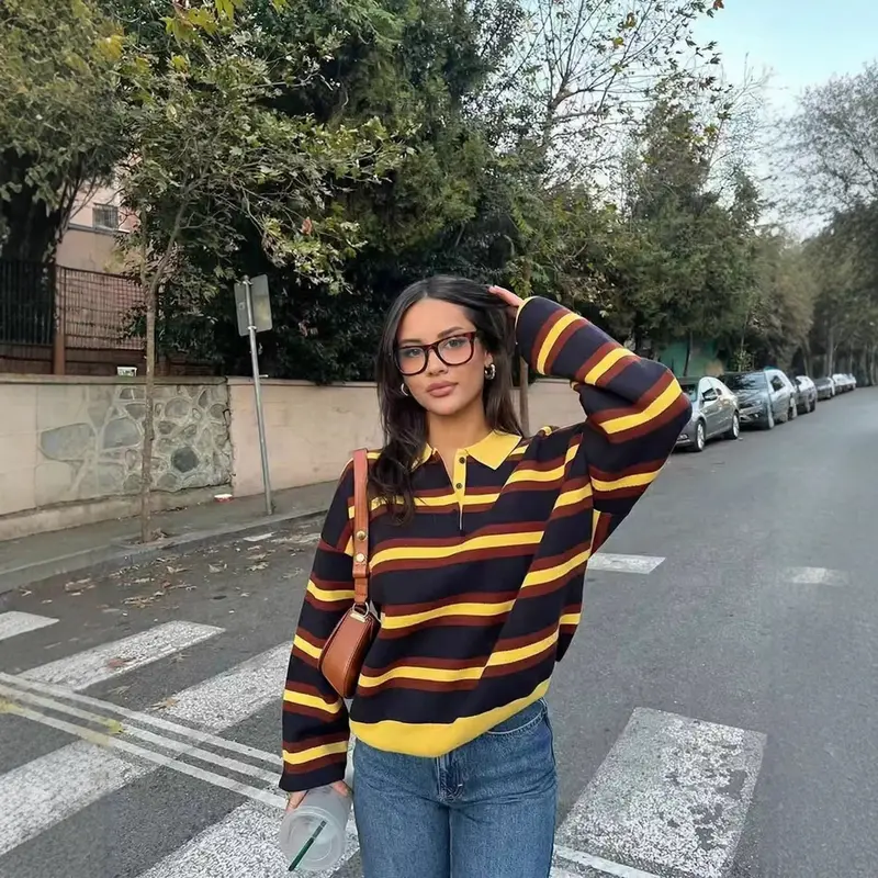 Damen Gestreifter Rugby-Pullover mit Polokragen und Knopfleiste Drune