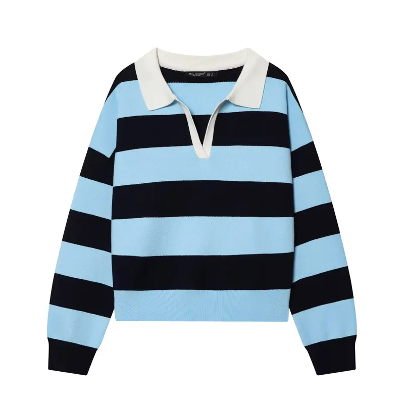 Damen Gestreifter Rugby-Pullover mit Polokragen und V-Ausschnitt Drune