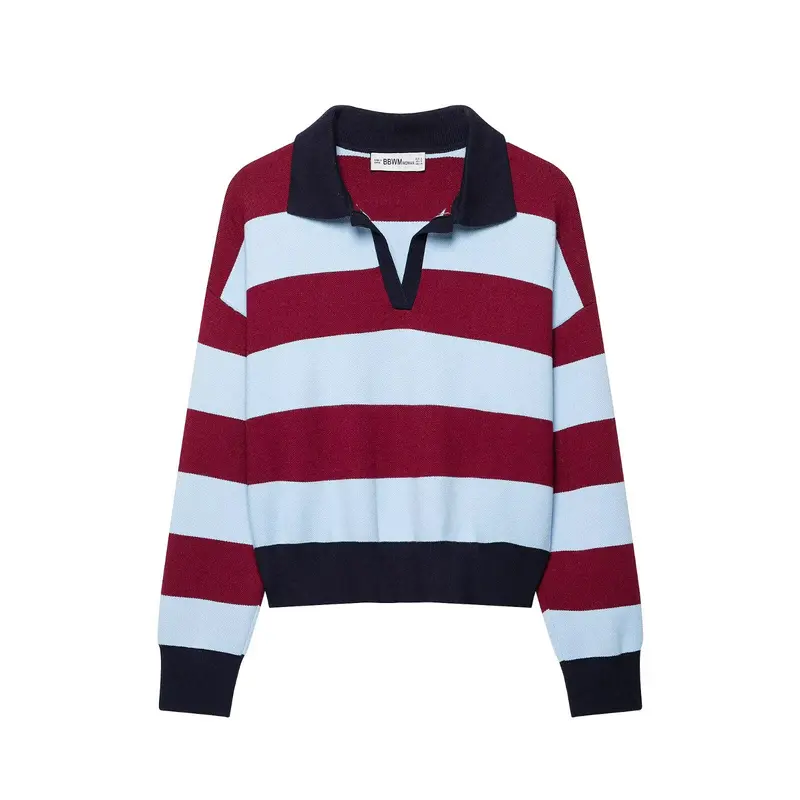 Damen Gestreifter Rugby-Pullover mit Polokragen und V-Ausschnitt Drune