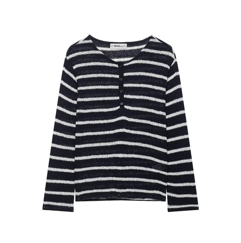 Damen Gestreifter Strick-Henleypullover mit Knopfleiste und Leichtstruktur Drune