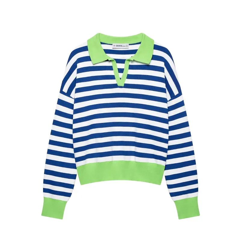Damen Gestreifter Strickpolo-Sweater mit V-Ausschnitt und breitem Rippbund Drune