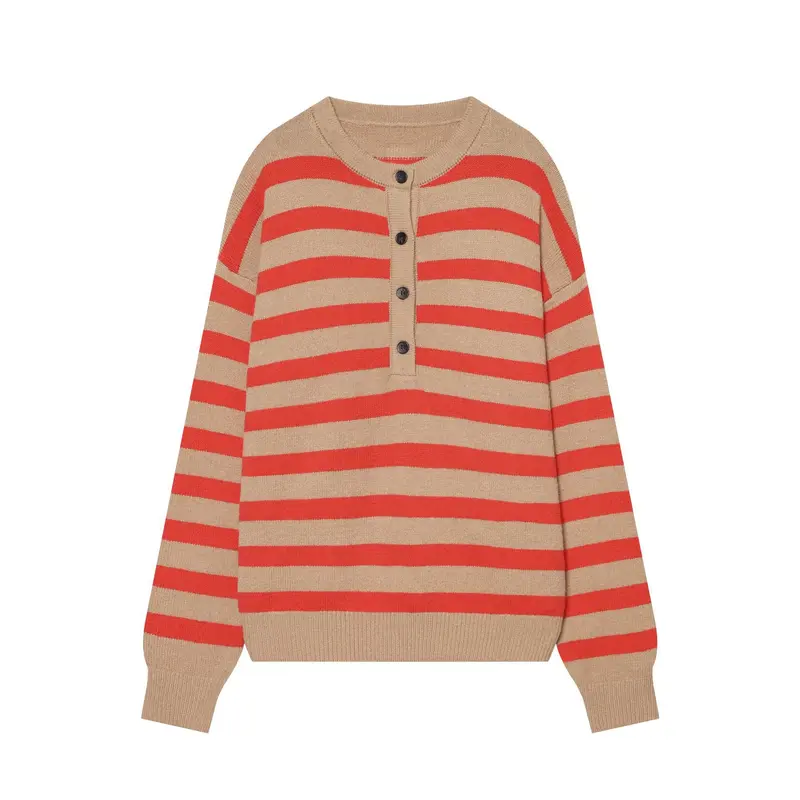Damen Gestreifter Strickpulli mit Henley‑Knopfleiste und Oversize‑Silhouette Drune