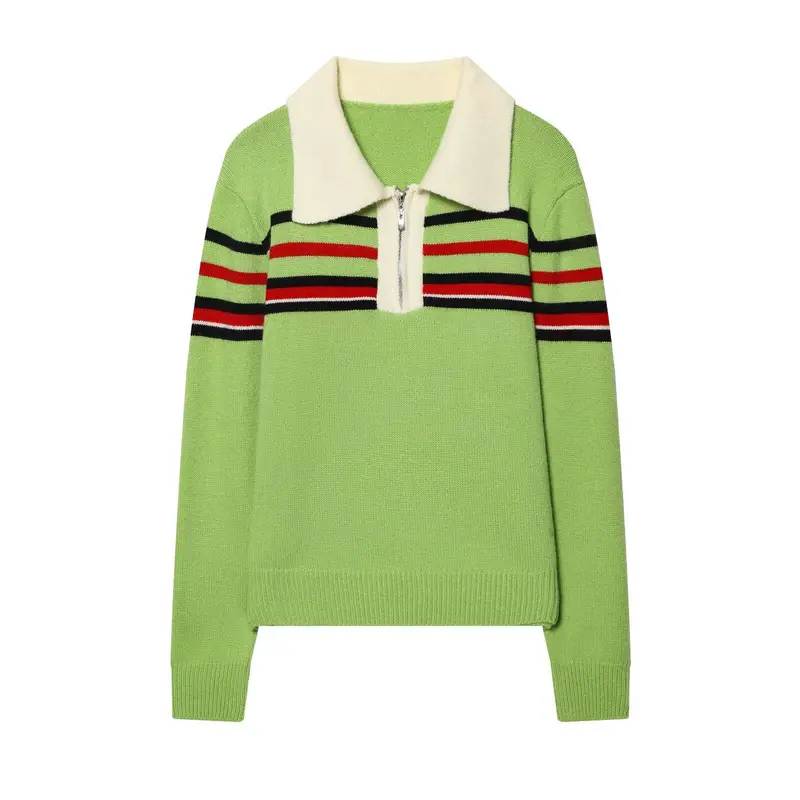 Damen Gestreifter Strickpullover mit halbem Reißverschluss und großem Hemdkragen Drune