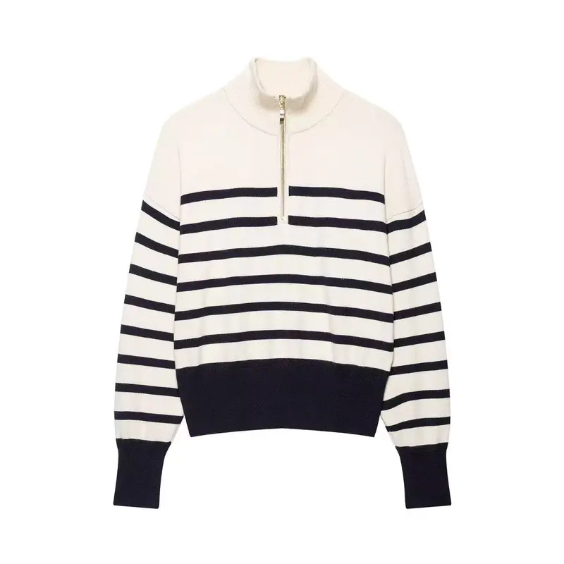 Damen Gestreifter Strickpullover mit halbem Reißverschluss und Stehkragen Drune