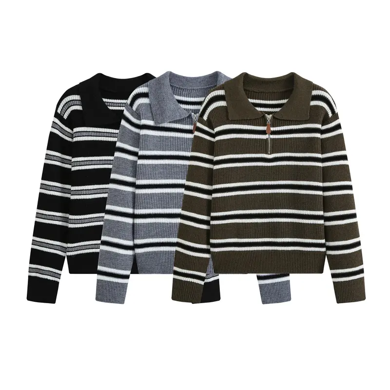 Damen Gestreifter Troyer-Pullover mit Reißverschluss und Polokragen Drune