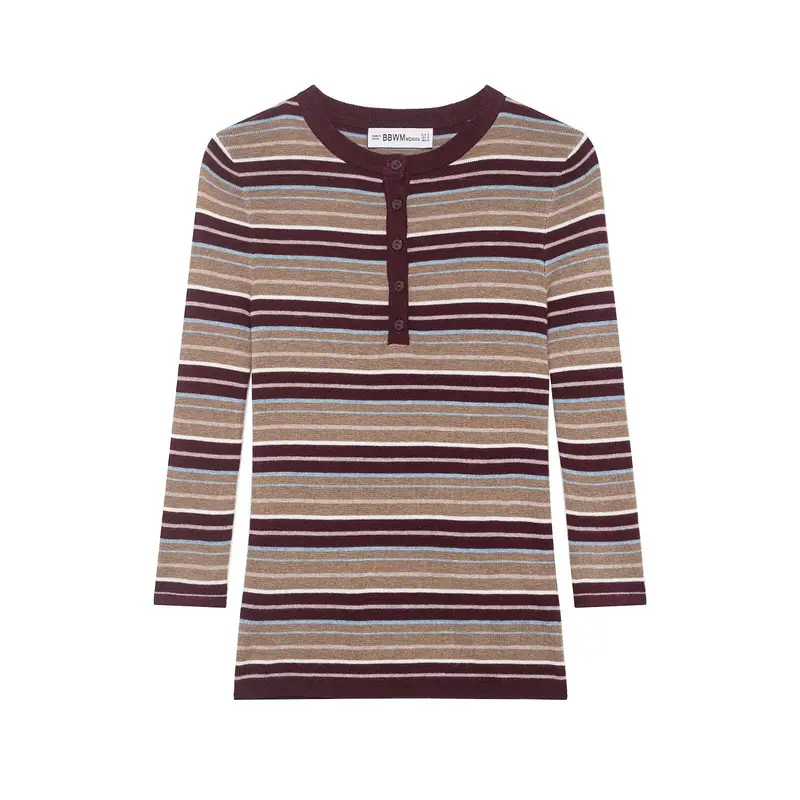 Damen Gestreiftes Feinstrick-Henleyshirt mit Knopfleiste und schlanker Passform Drune