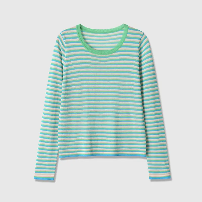 Damen Gestreiftes Feinstrick-Longsleeve mit Rundhalsausschnitt und Cropped-Boxy-Schnitt Drune