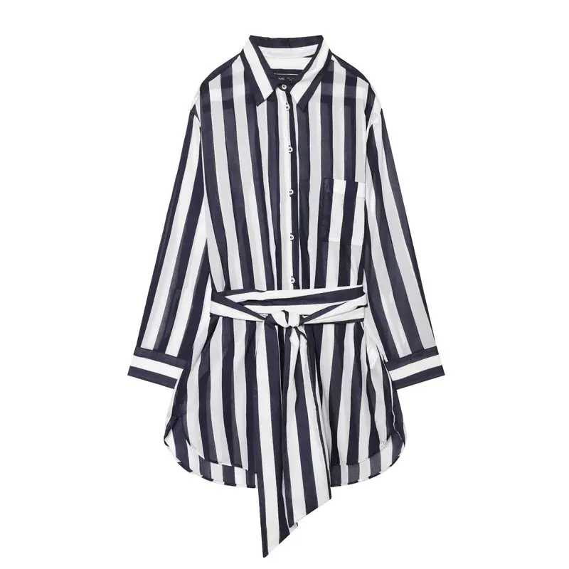 Damen Gestreiftes Hemdblusenkleid mit Bindegürtel und Oversize-Silhouette Drune