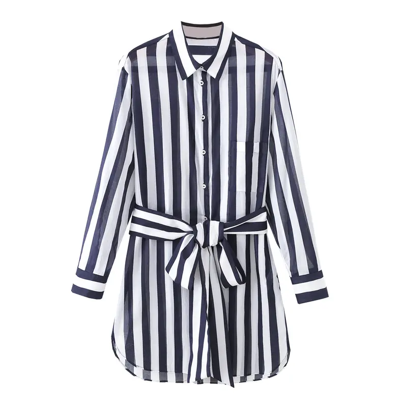Damen Gestreiftes Hemdblusenkleid mit Taillengürtel und Langarm Drune