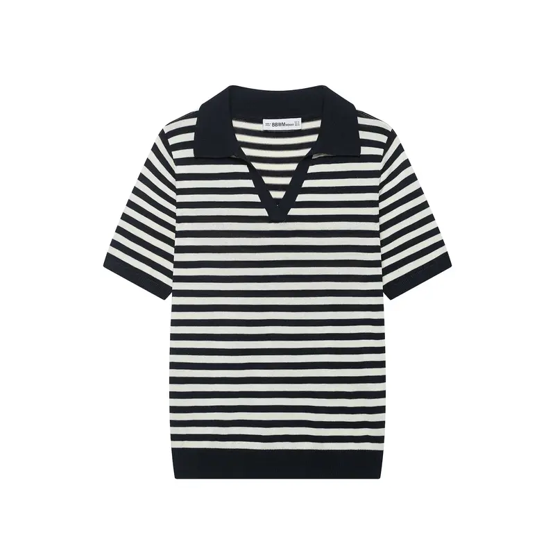 Damen Gestreiftes Poloshirt-Strick mit V‑Ausschnitt, Kurzarm und Rippkragen Drune