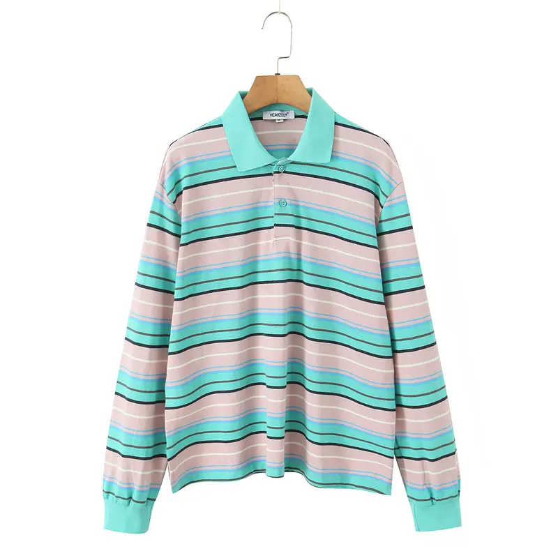 Damen Gestreiftes Poloshirt‑Sweatshirt aus Baumwollmix mit Kontrastkragen und gerippten Bündchen Drune