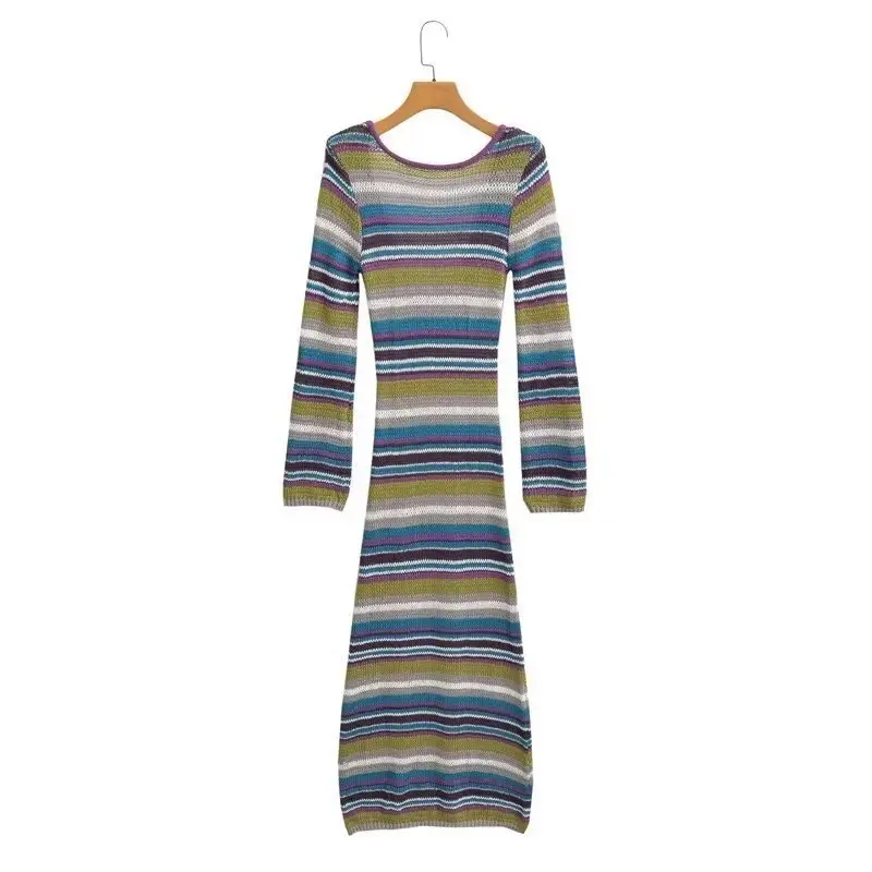 Damen Gestreiftes Rippstrick-Maxikleid mit Rundhalsausschnitt und figurbetonter Silhouette Drune
