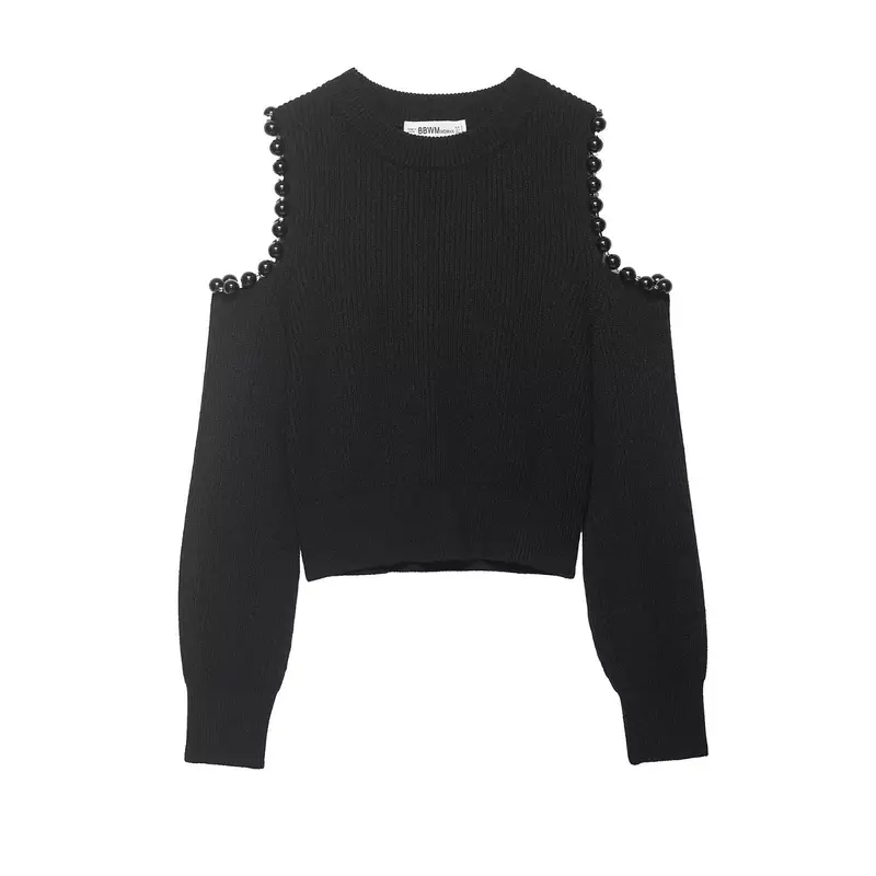 Damen Gestrickter Cropped-Pullover mit Cut-Out-Schultern und Perlenbesatz Drune