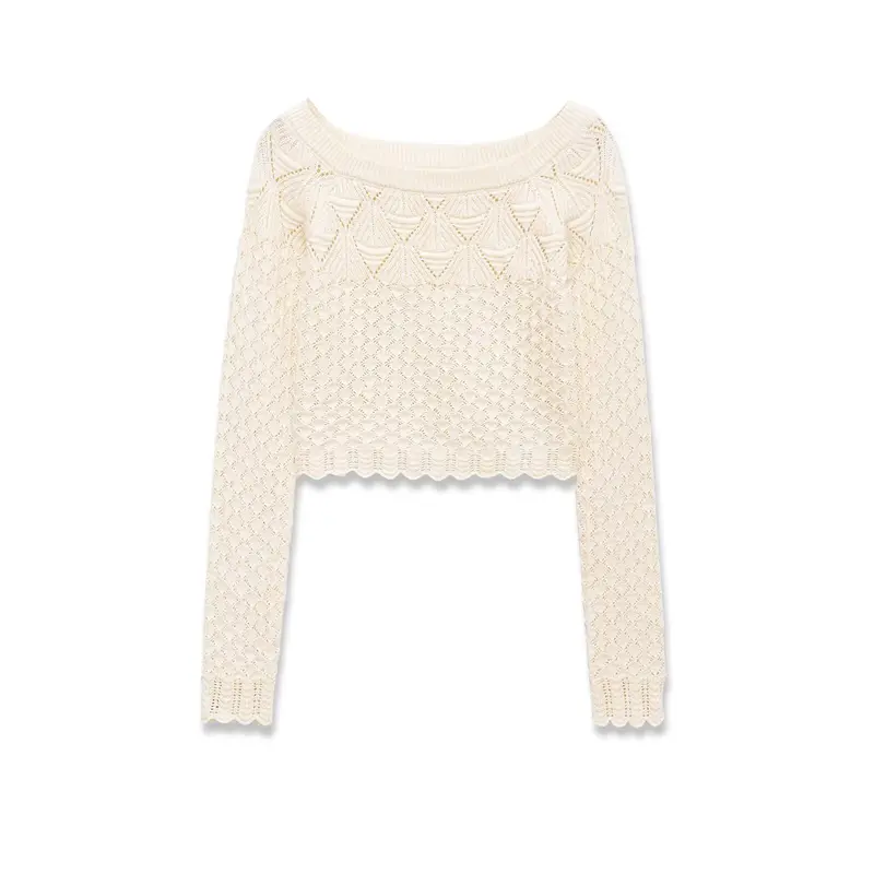 Damen Gestricktes Cropped-Feinstrickoberteil mit Lochmuster und U-Boot-Ausschnitt Drune