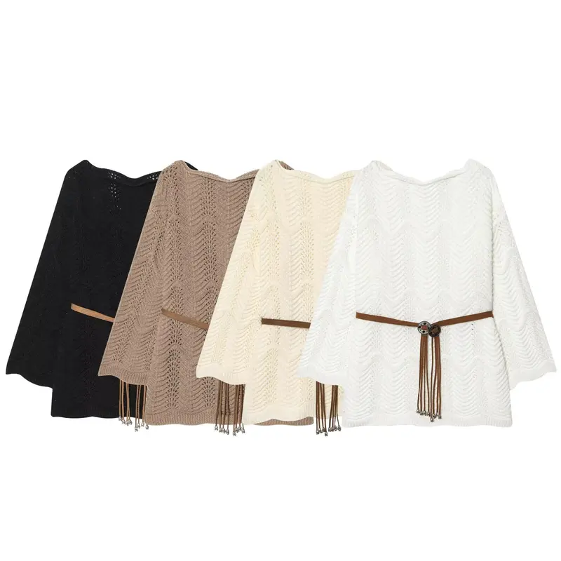 Damen Gestricktes Poncho-Cape mit Ajourmuster und Lederquasten-Gürtel Drune
